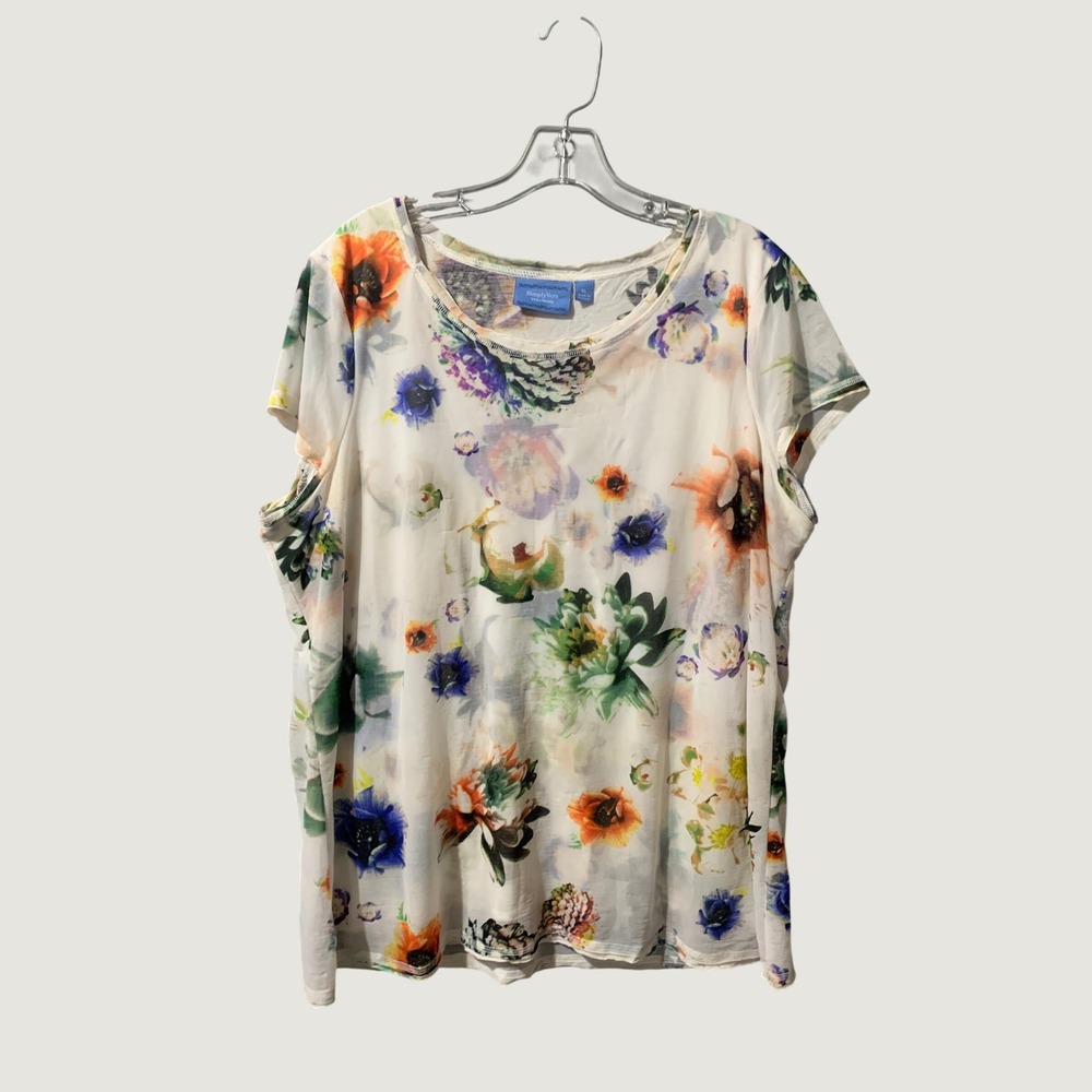 Simply Vera Top Women XL White Multi-color Floral Layered Sheer Short Sleeve